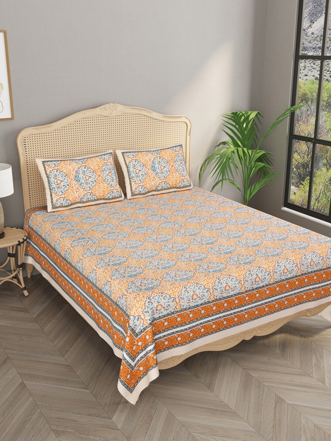 

Gulaab Jaipur Ethnic Motifs 400 TC King Bedsheet with 2 Pillow Covers, Orange