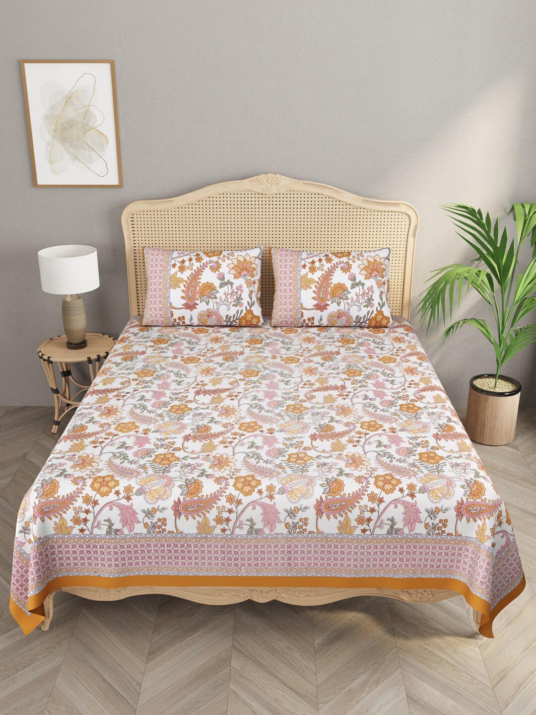 

Gulaab Jaipur Floral 400 TC King Bedsheet with 2 Pillow Covers, Orange