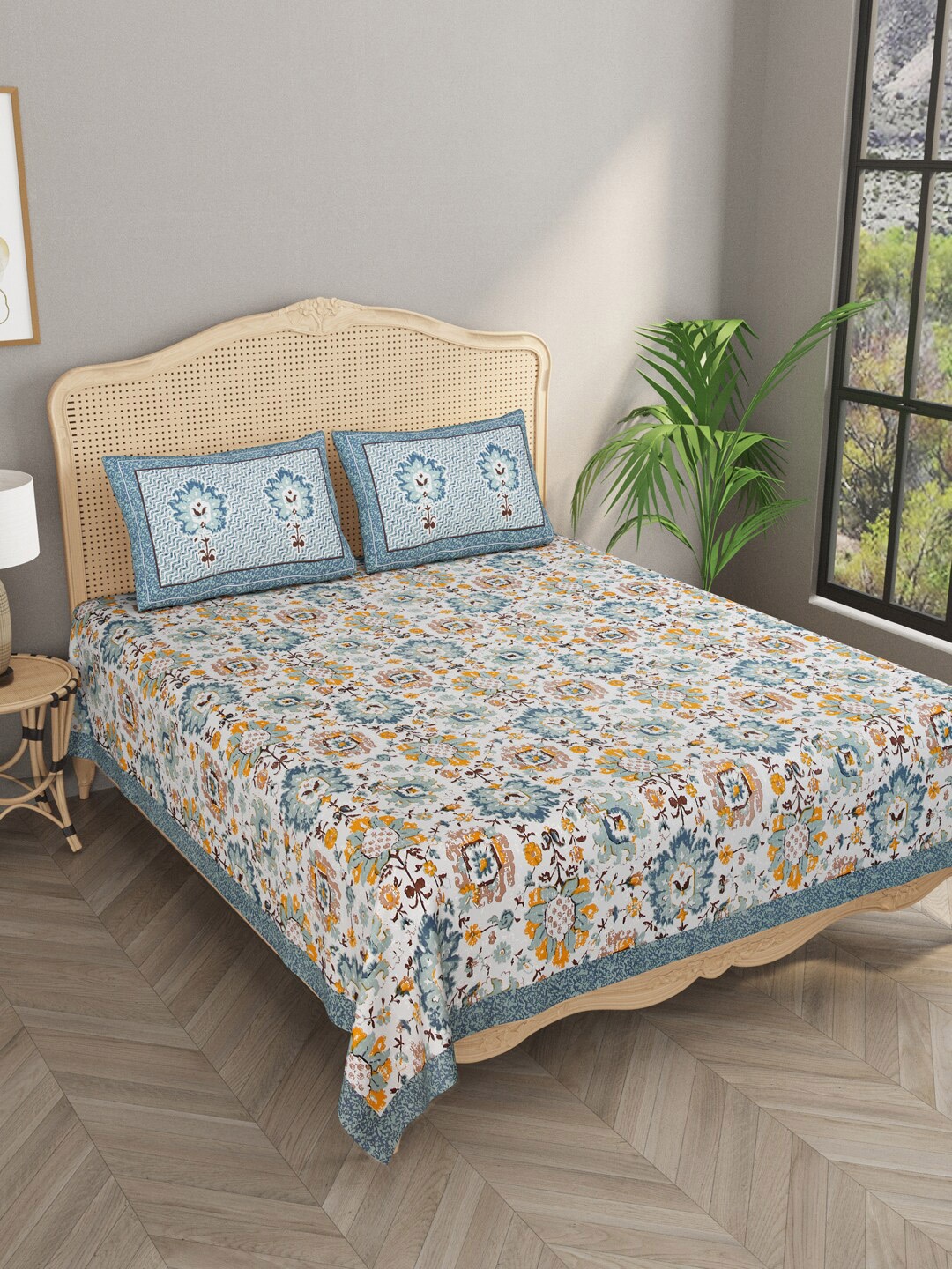 

Gulaab Jaipur Floral 400 TC King Bedsheet with 2 Pillow Covers, Blue
