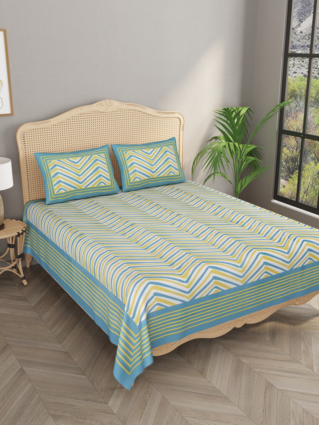 

Gulaab Jaipur Geometric 400 TC King Bedsheet with 2 Pillow Covers, Green