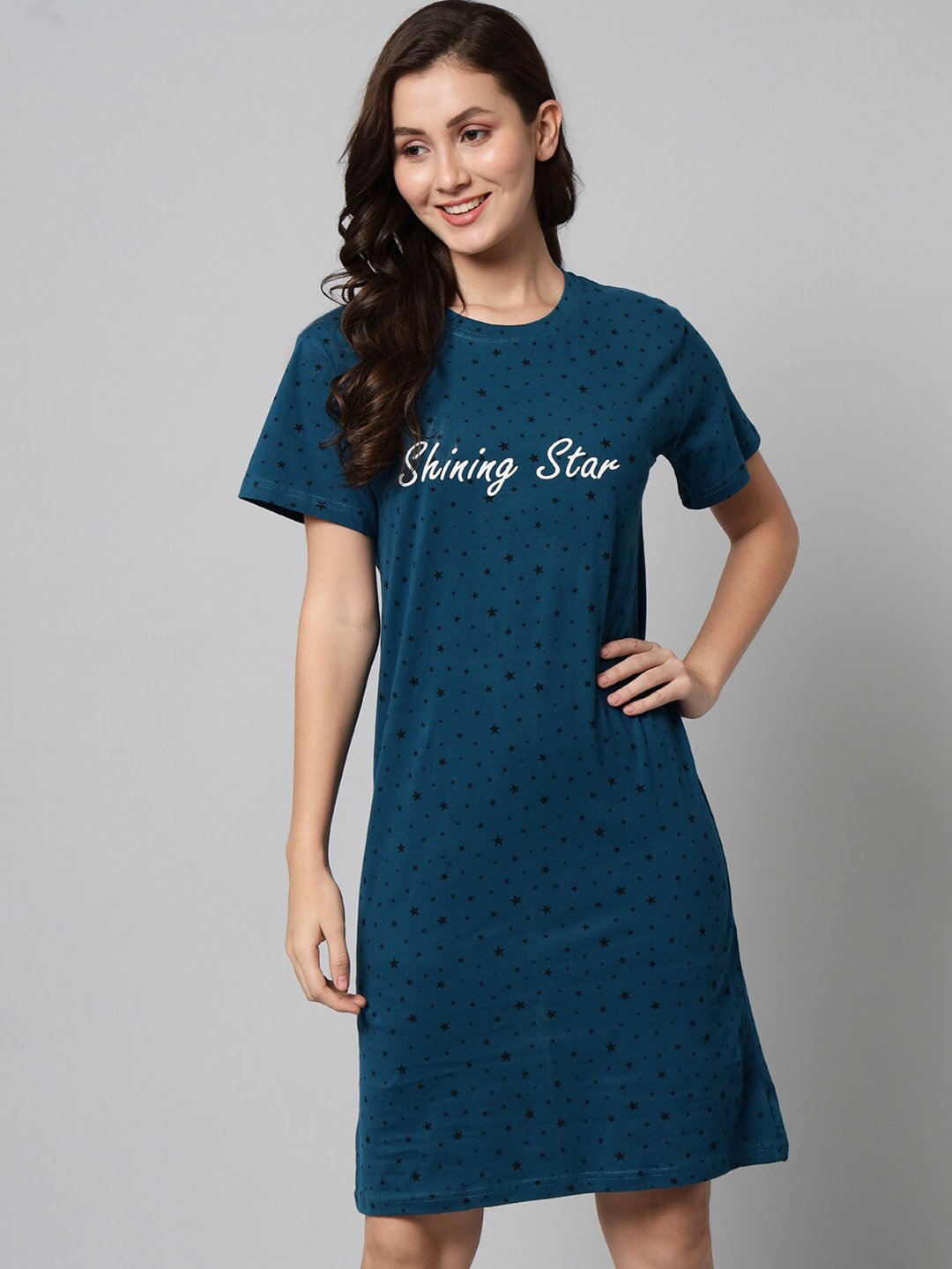 

SEPHANI Pure Cotton Printed Nightdress, Turquoise blue