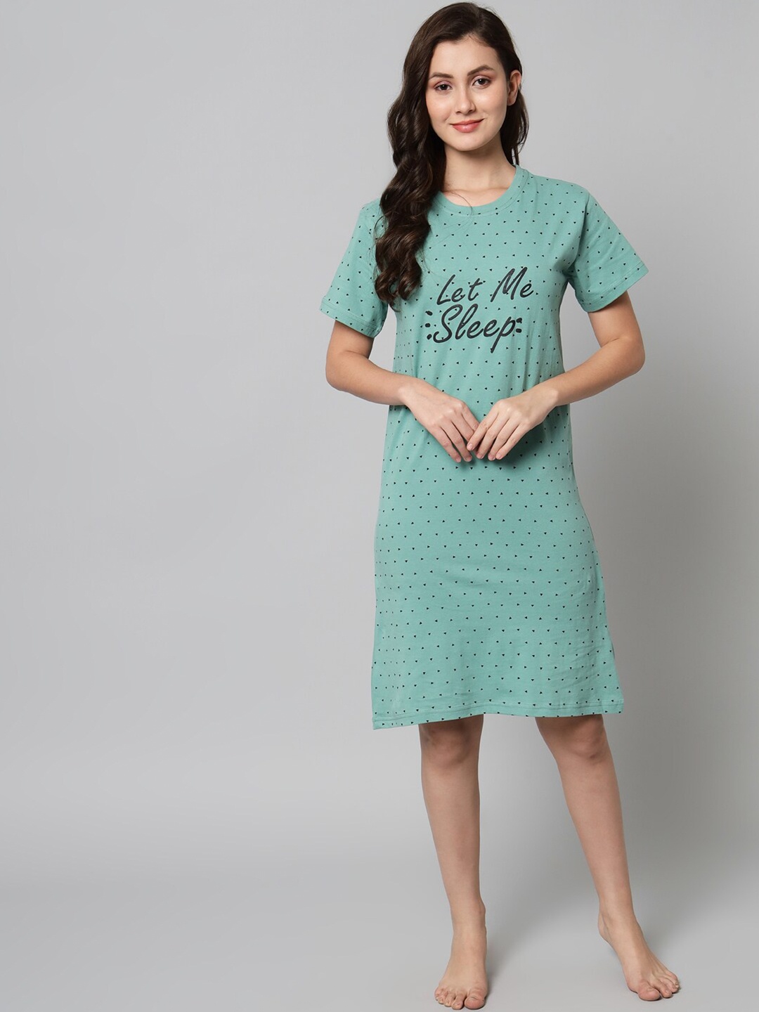 

SEPHANI Printed T- Shirt Pure Cotton Nightdress, Green
