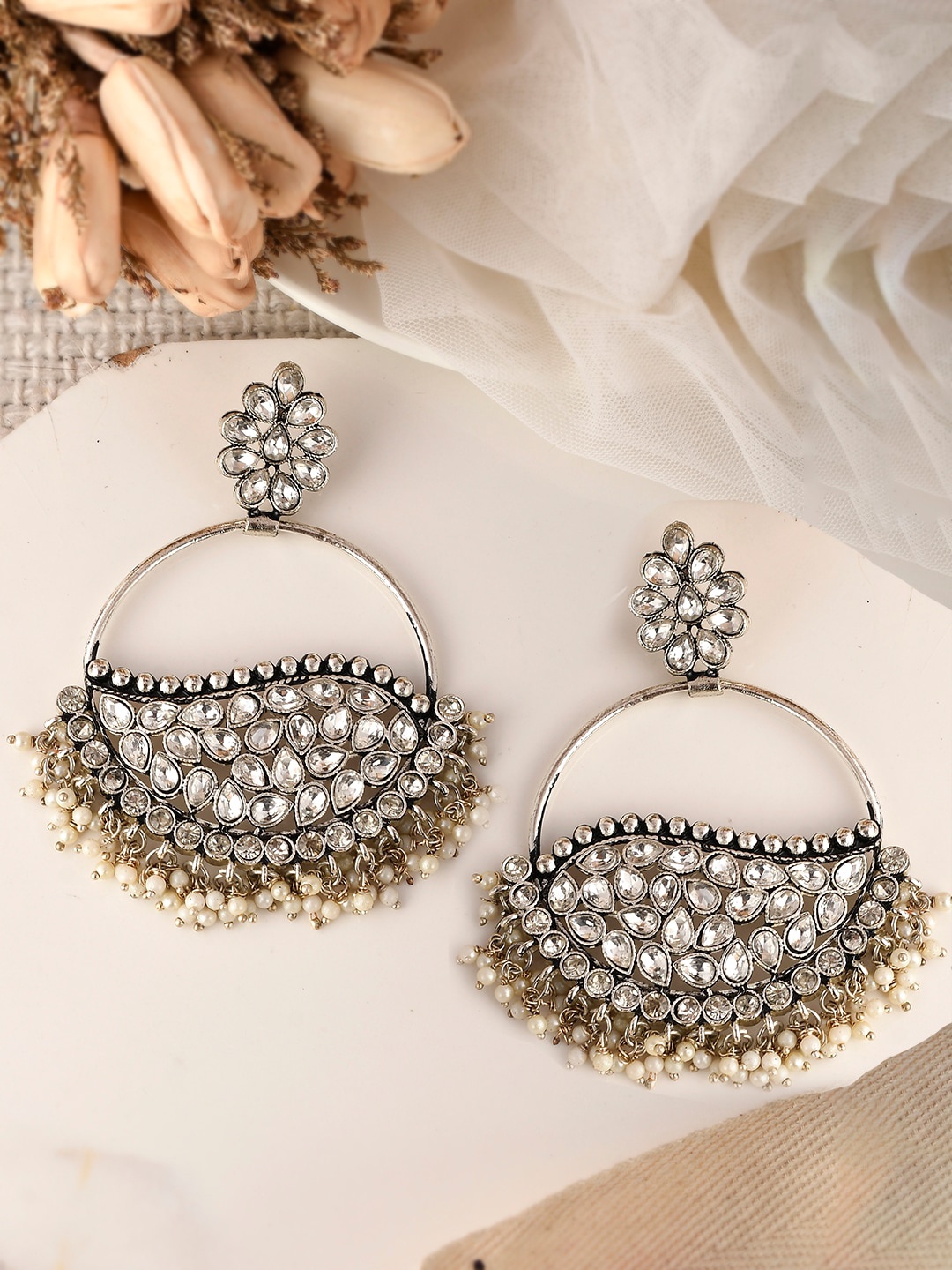 

AQUASTREET JEWELS Silver-Plated & White Oxidised Chandbalis Earrings