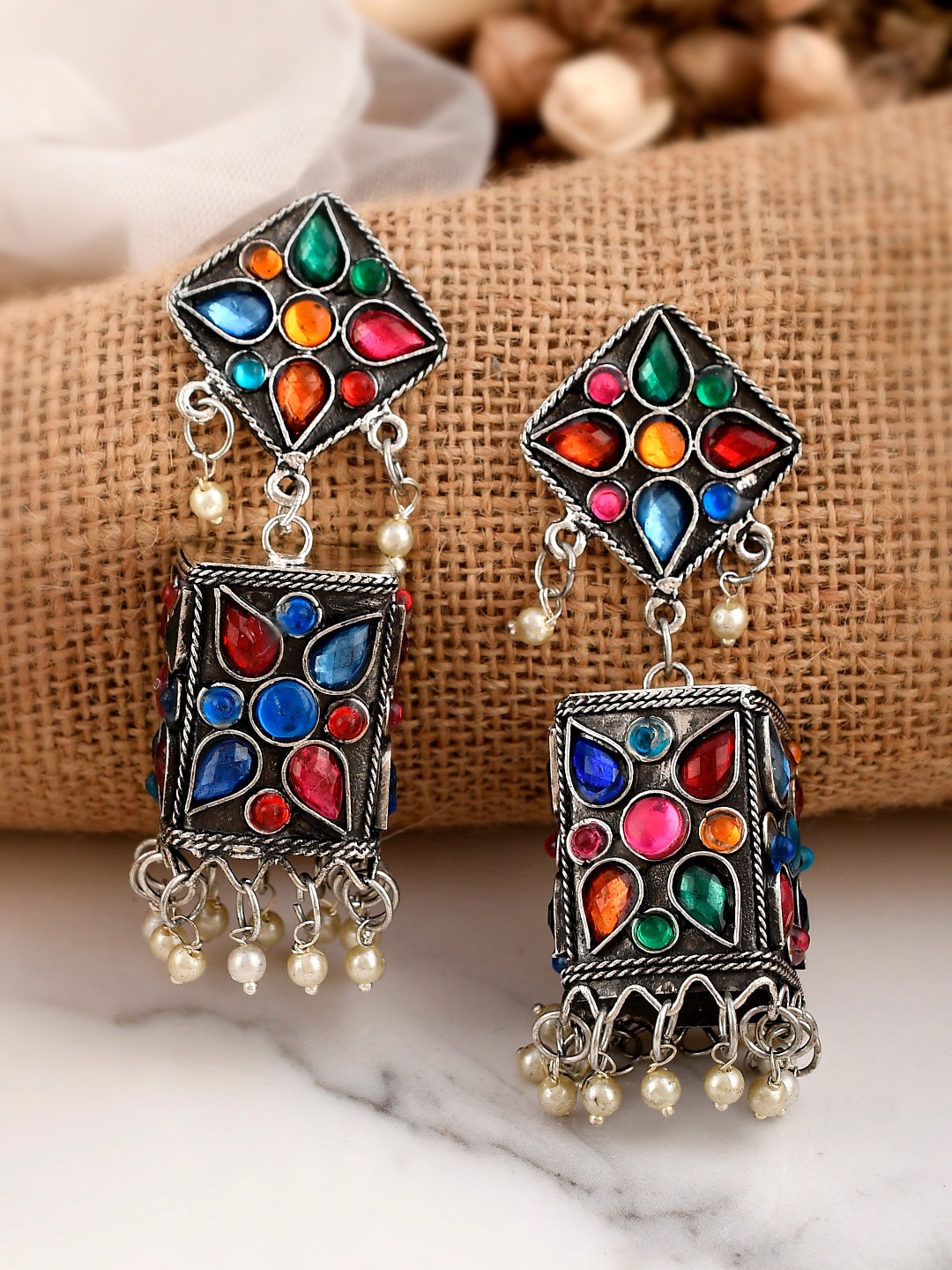 

AQUASTREET JEWELS Women Silver Plated Square Jhumkas Earrings, Multi