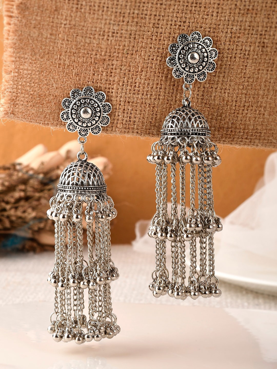 

AQUASTREET JEWELS Silver-Plated Dome Shaped Jhumkas Earrings