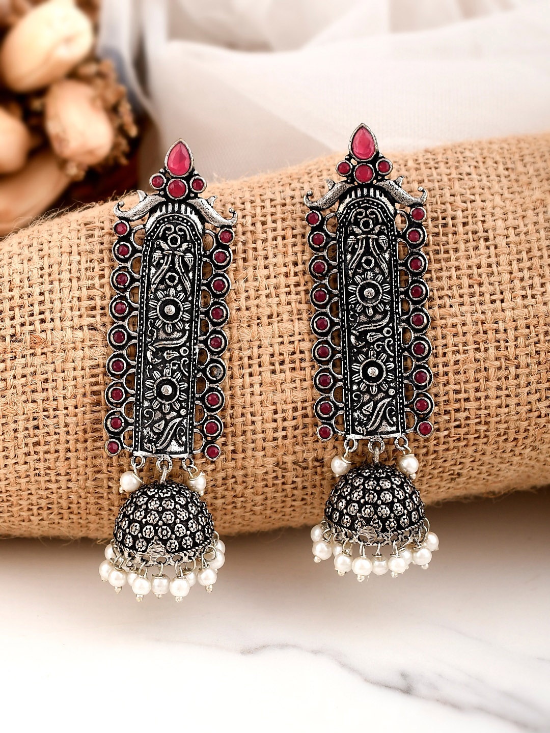 

AQUASTREET JEWELS Red Silver Plated Geometric Jhumkas Earrings