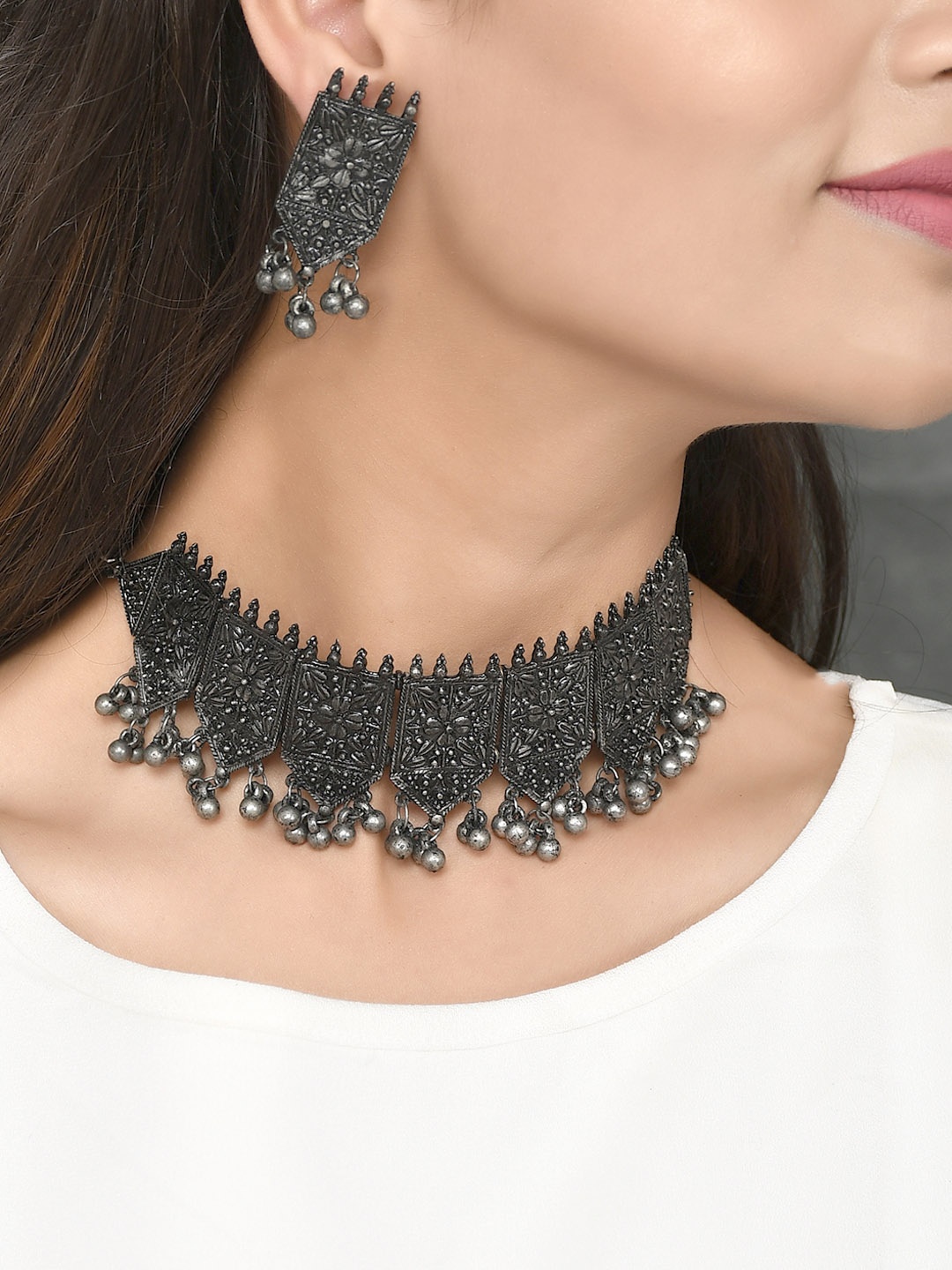 

AQUASTREET JEWELS Rhodium-Plated & Black Oxidised Jewellery Set, Silver