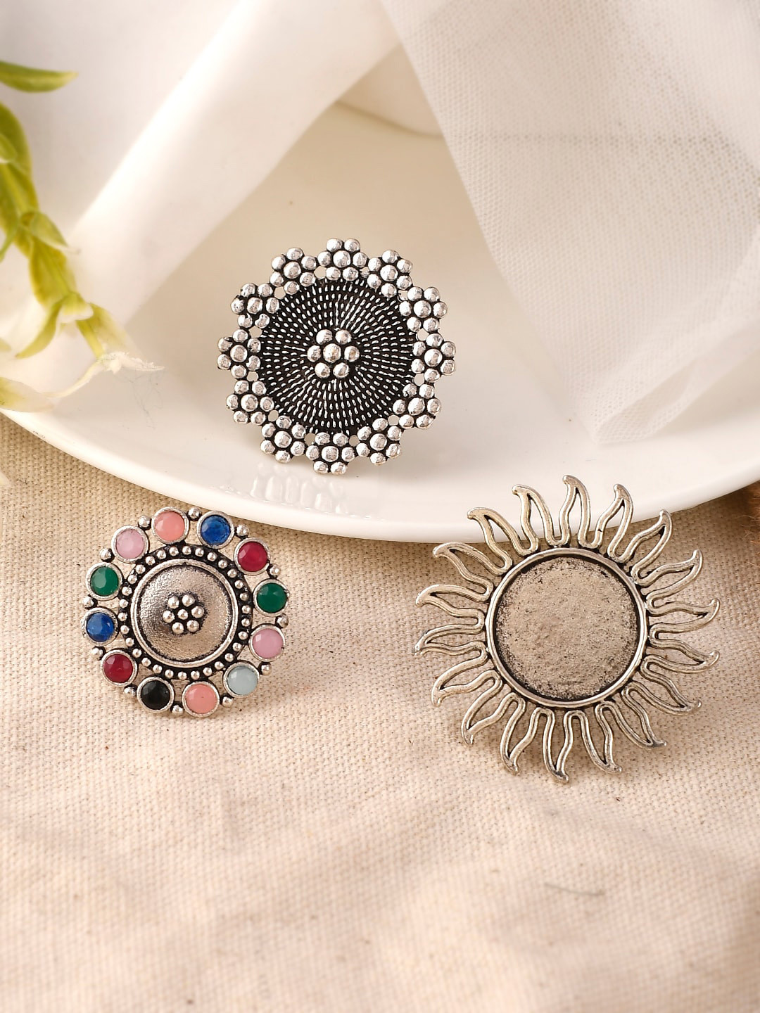 

AQUASTREET JEWELS Set Of 3 Silver-Plated Stone Studded Oxidized Finger Ring