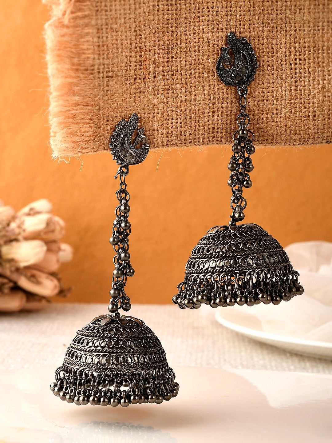 

AQUASTREET JEWELS Silver-Plated Peacock Shaped Jhumkas Earrings, Black