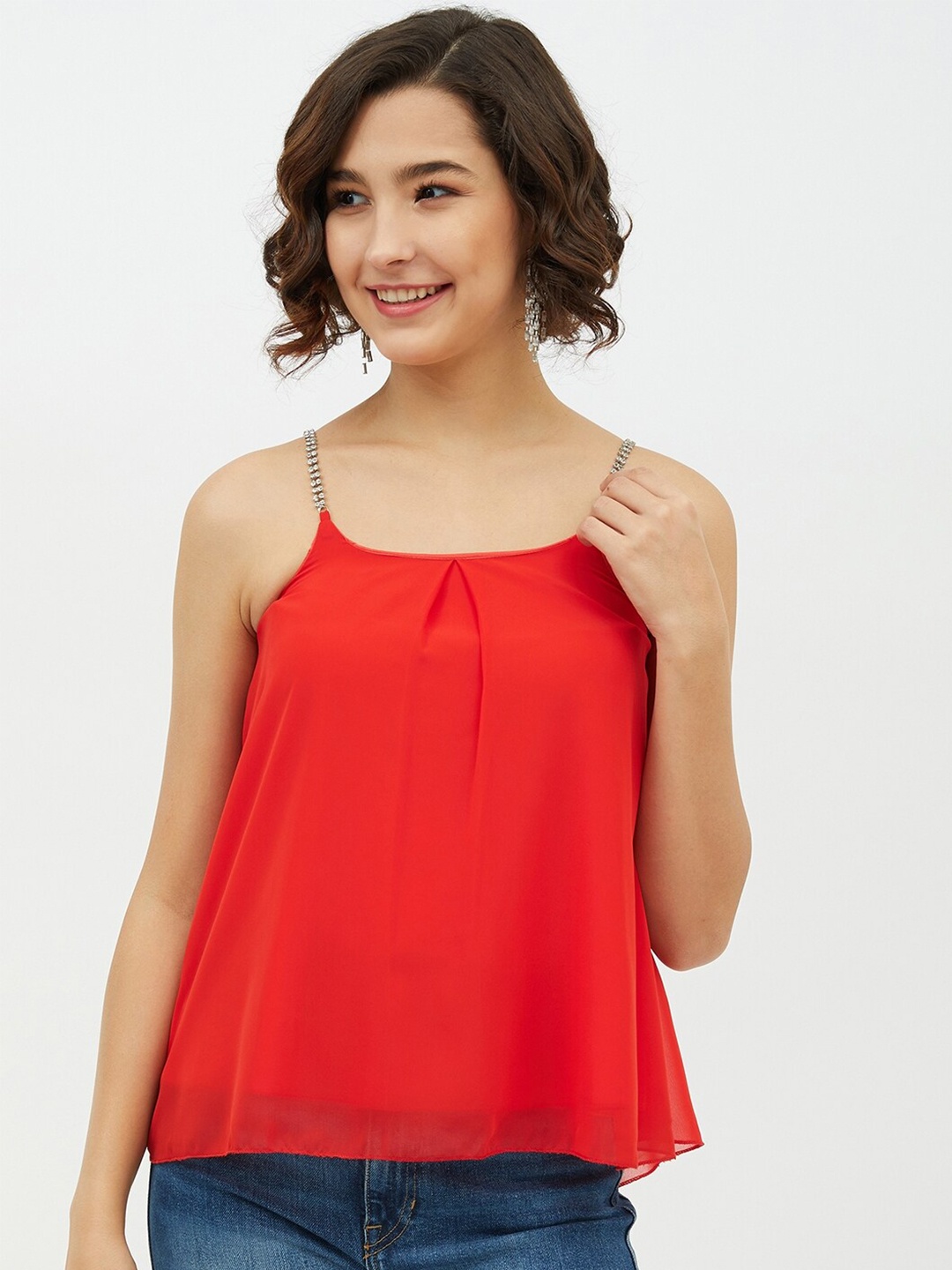 

StyleStone Women Red Solid Embellished Georgette Top