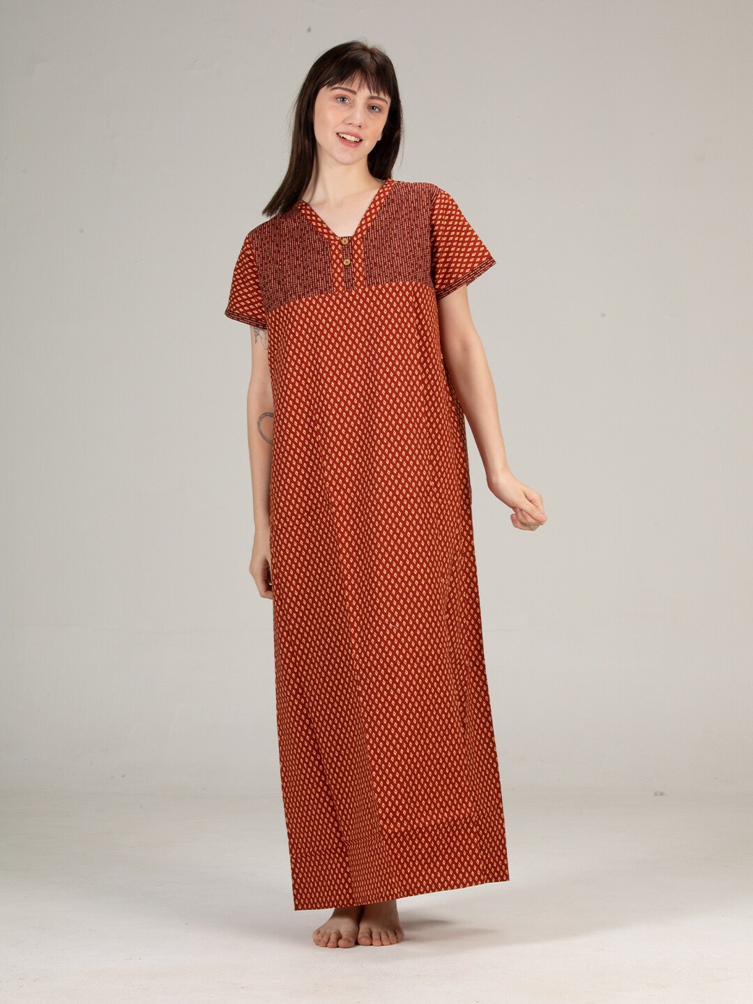 

evolove Pure Cotton Printed Maxi Nightdress, Brown