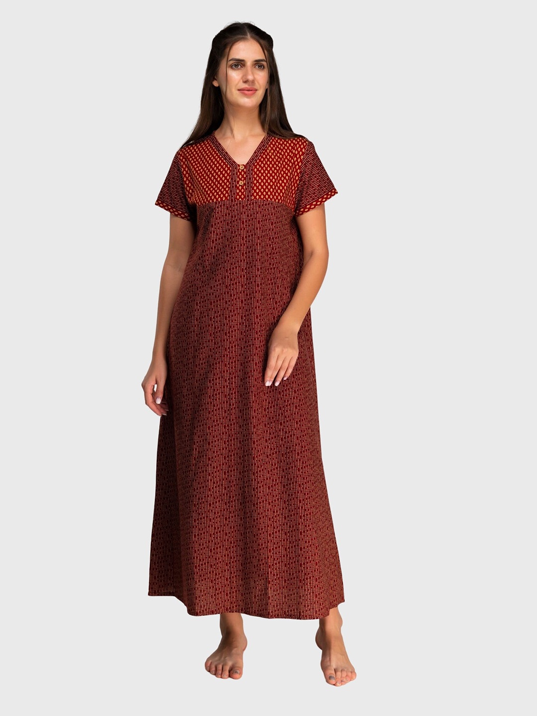 

evolove Maroon Printed Maxi Pure Cotton Nightdress