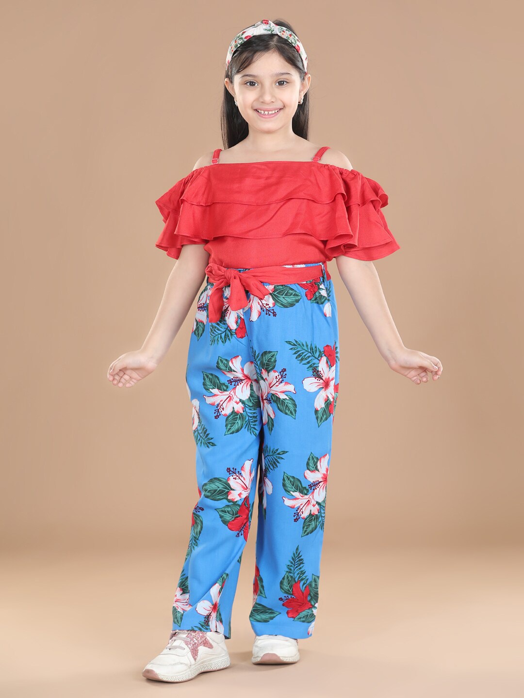 

StyleStone Girls Ruffle Top with Floral Trousers, Red