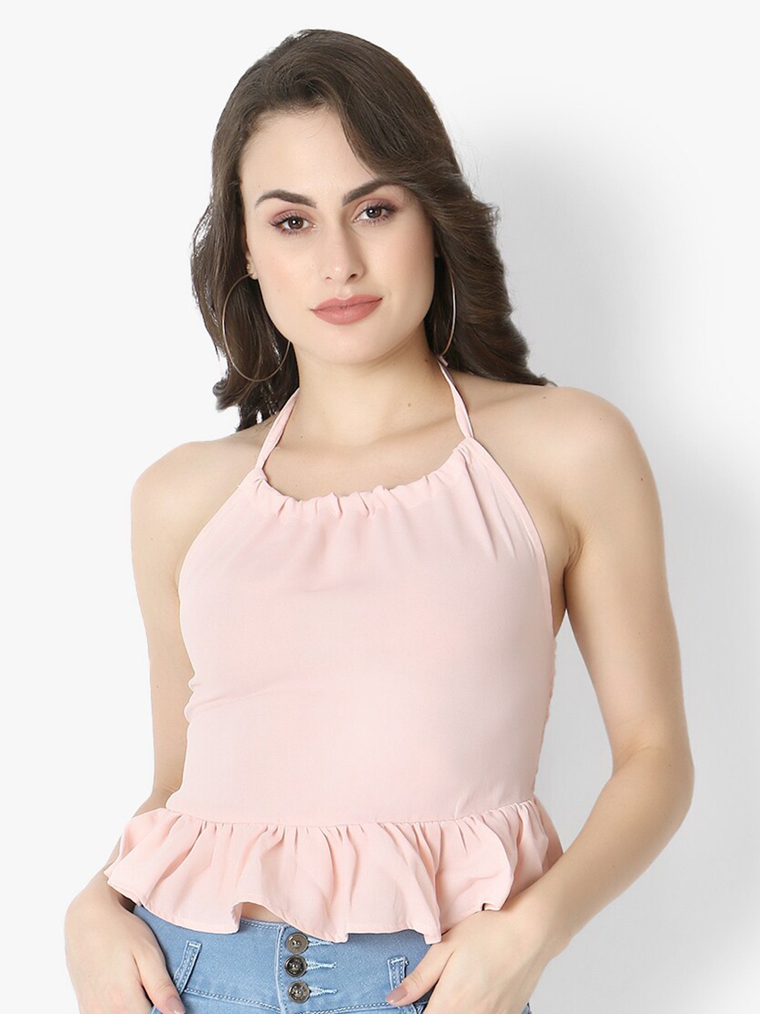 

Again fashions Pastel Pink Solid Halter Neck Smocked Peplum Top