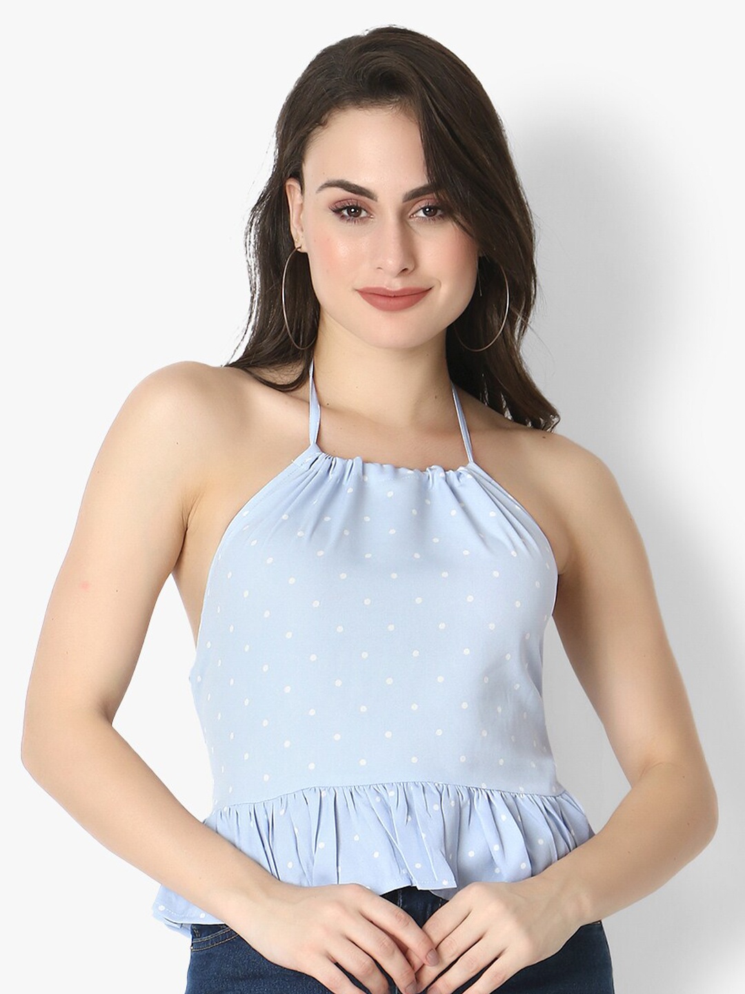 

Again fashions Blue Polka Dot Print Halter Neck Smocked Peplum Top