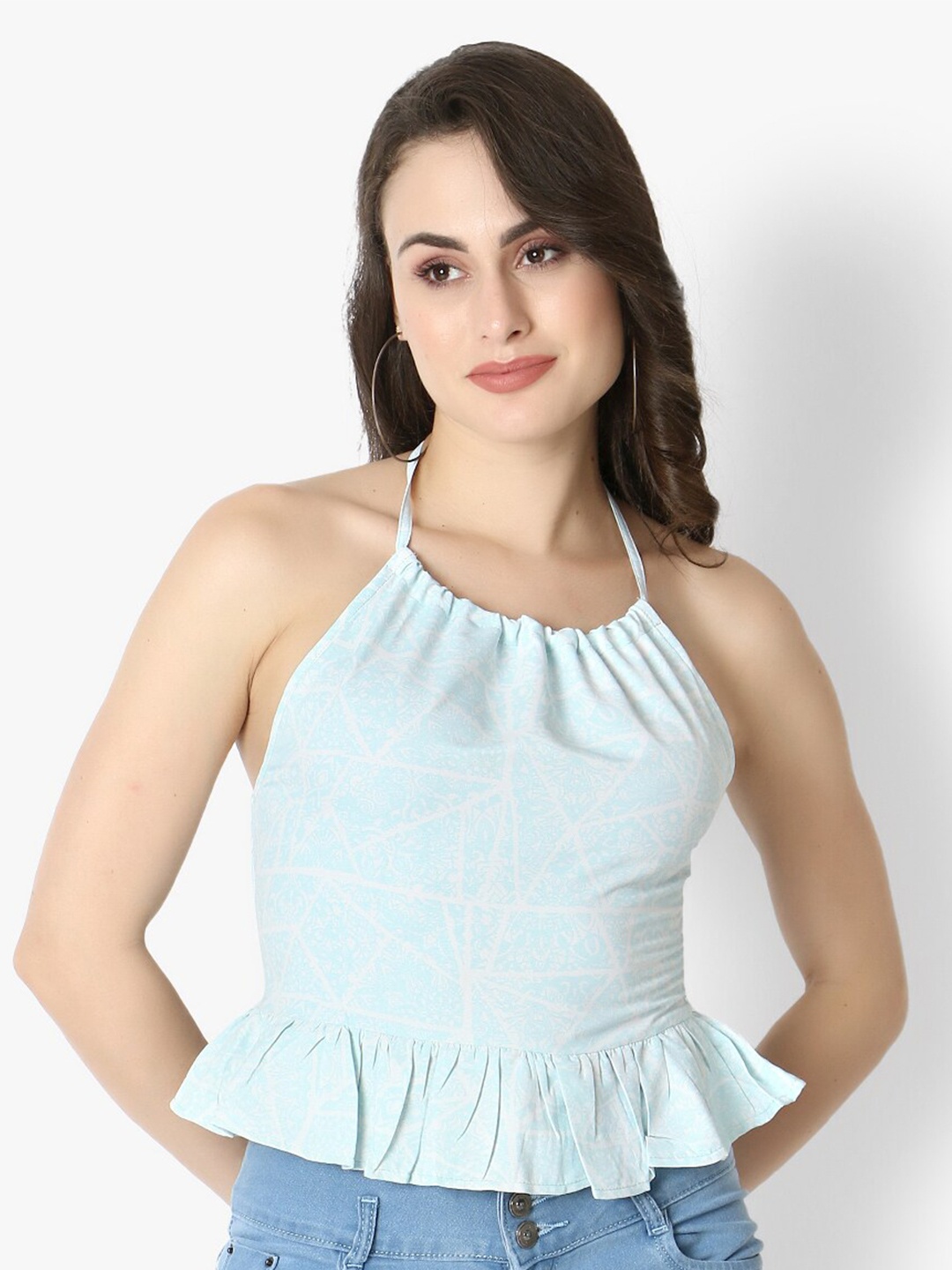 

Again fashions Blue Ethnic Motifs Print Halter Neck Smocked Peplum Top