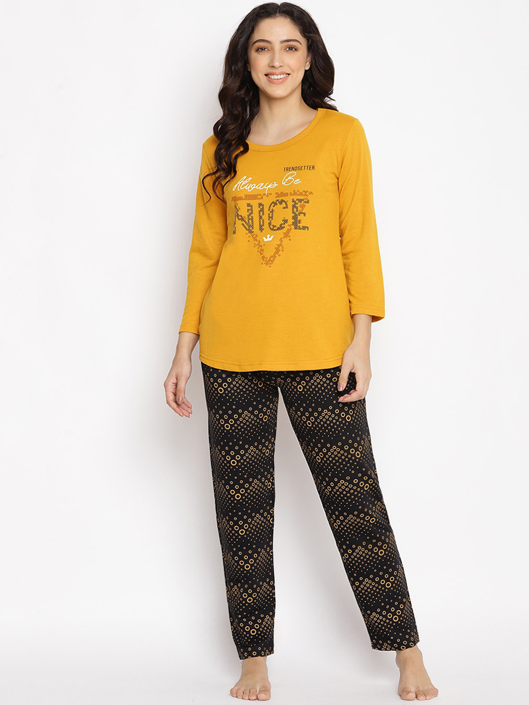 

Duchess Women Mustard & Black Printed Winter Night Suit