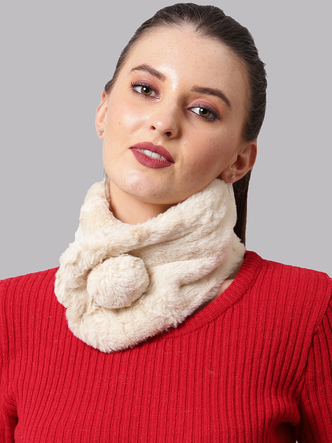 

ELLIS Women Cream Solid Faux Fur Scarf Wrap Collar Mufflers
