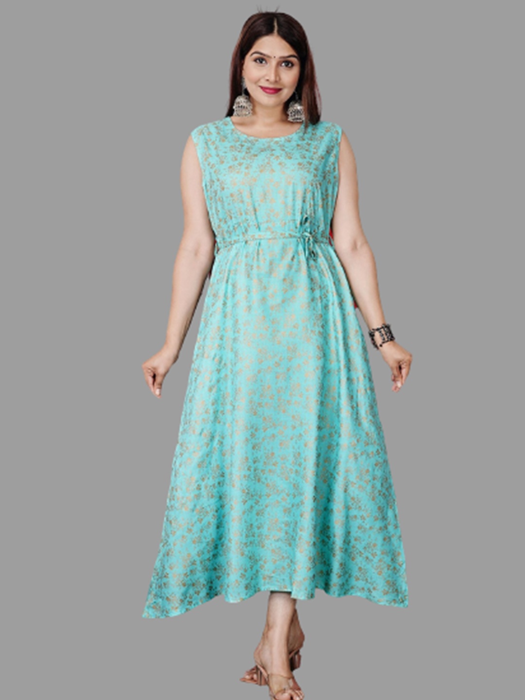 

aayusika Women Turquoise Blue & Gold-Toned Floral Printed Floral Anarkali Kurta