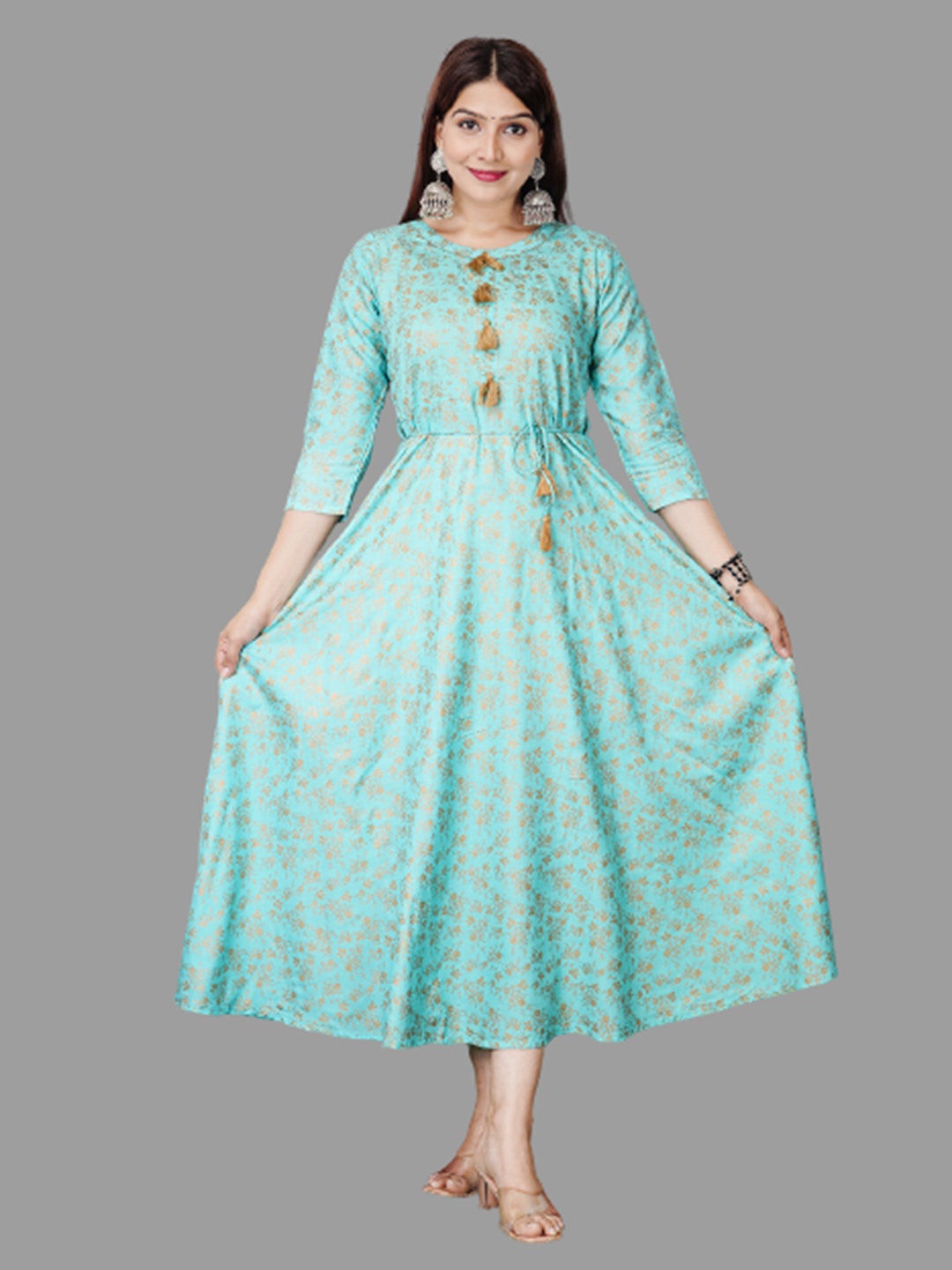 

aayusika Women Turquoise Blue & Gold-Toned Floral Printed Ethnic Dress