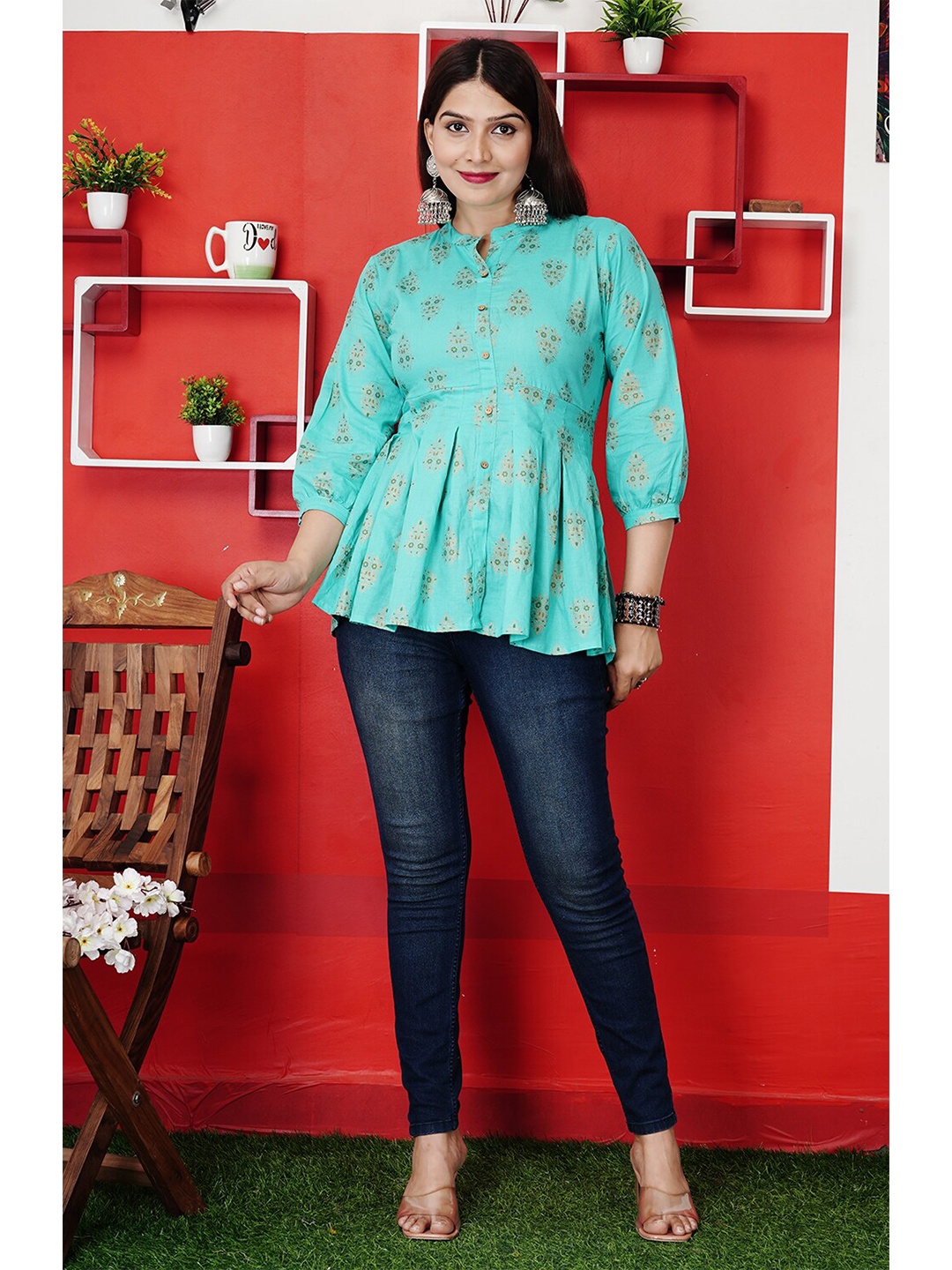 

aayusika Turquoise Blue Floral Print Mandarin Collar Peplum Cotton Top