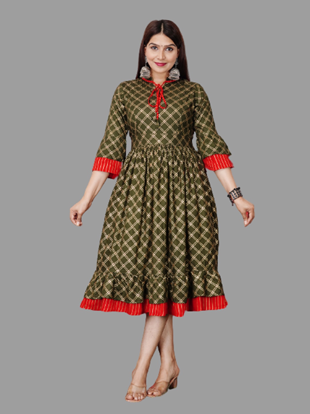 

aayusika Women Olive Green & Red Floral Checked Kurta