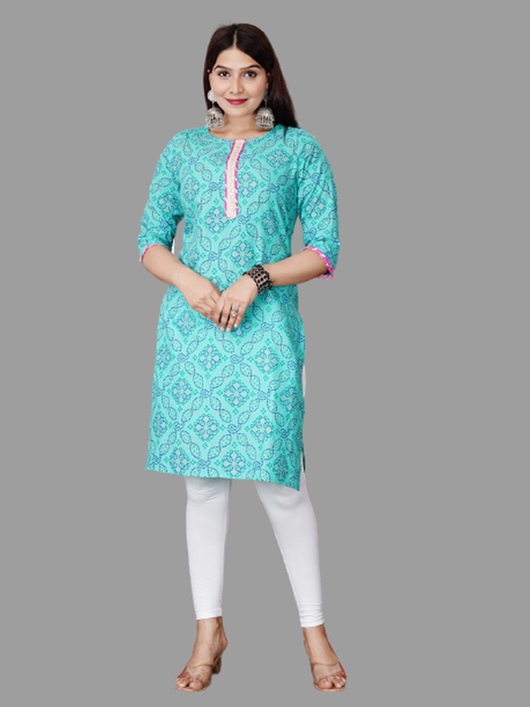 

aayusika Women Turquoise Blue Ethnic Motifs Printed Mirror Work Pure Cotton Kurta