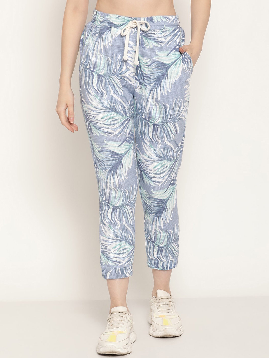 

Rute Women Blue & White Printed Drawstring Cotton Joggers