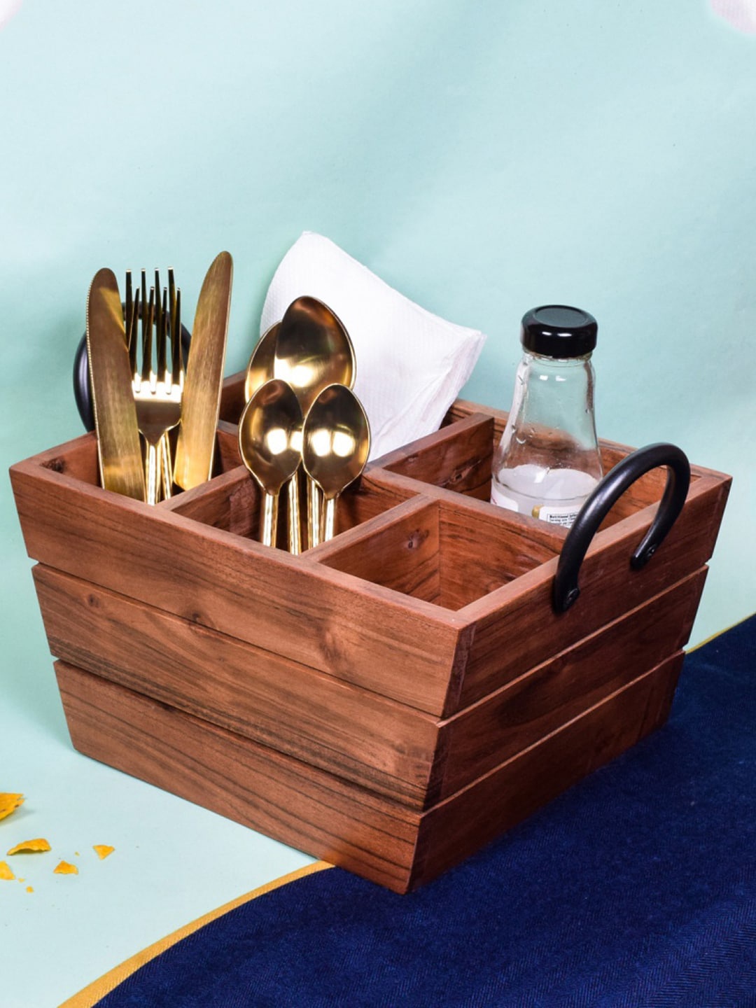 

BRICK BROWN Brown Solid Wooden Boat Cutlery Caddy Holder With Handle