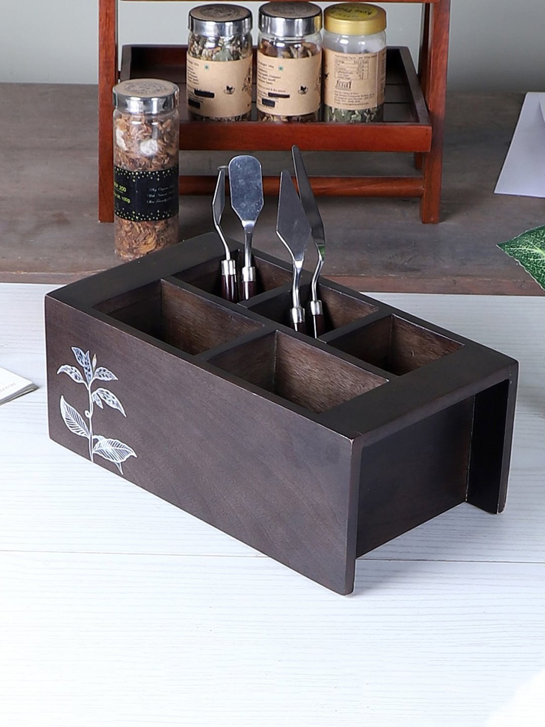 

BRICK BROWN Black Printed Wooden Cutlery Holder
