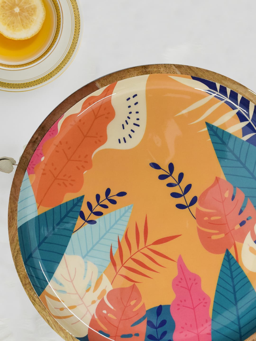 

BRICK BROWN Yellow & Blue Printed Wooden Serving Platter