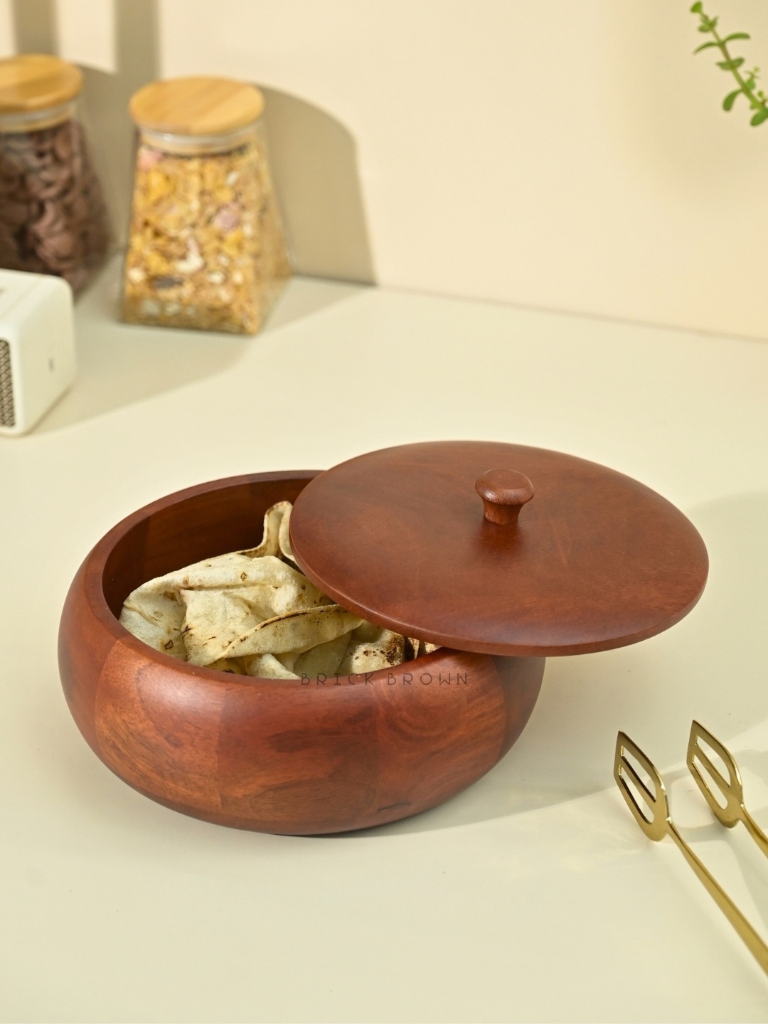 

BRICK BROWN Brown Mahogany Wood Roti Serving Casserole