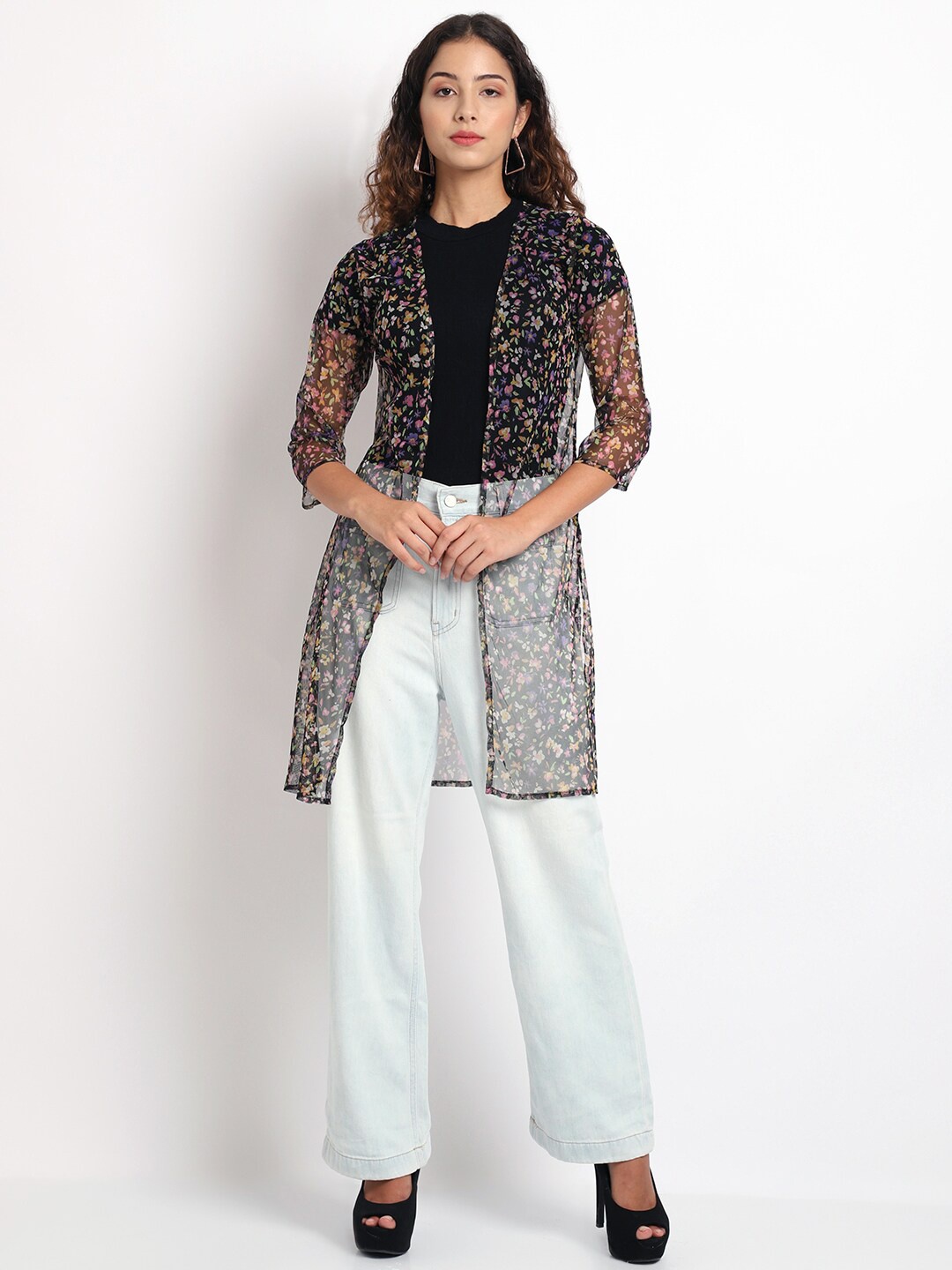 

Rute Women Printed Longline Cotton Shrug, Black