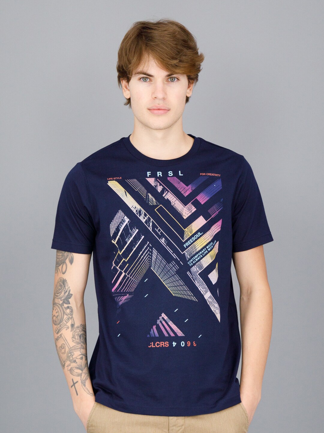 

FREESOUL Men Blue Printed Cotton T-shirt