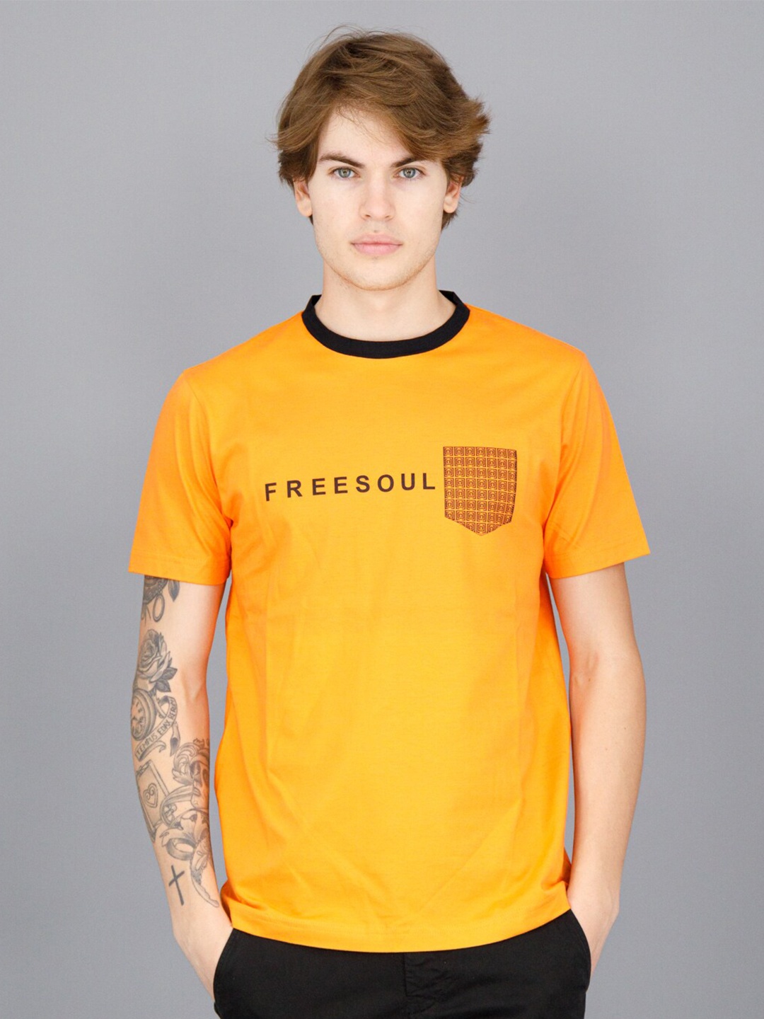 

FREESOUL Men Orange Typography Printed Cotton T-shirt