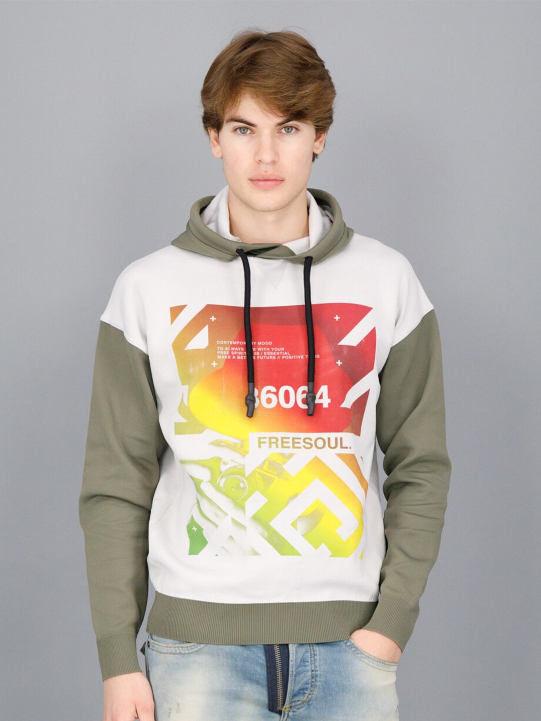 

FREESOUL Men Off White Printed Hooded Sweatshirt