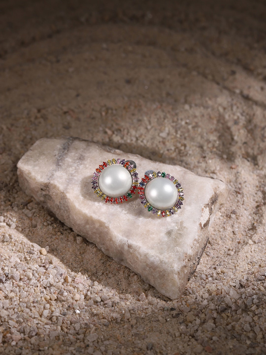 

RITU SINGH White & Silver-Plated Circular Pearl Studs Earrings