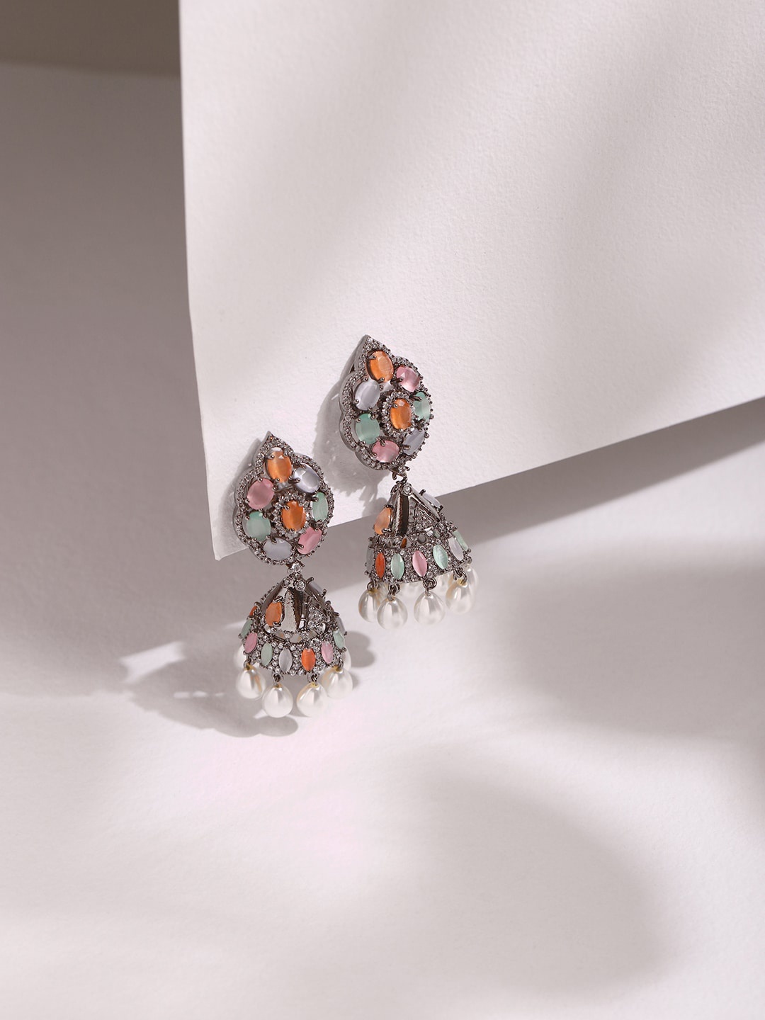 

RITU SINGH Silver-Plated Contemporary Jhumkas Earrings
