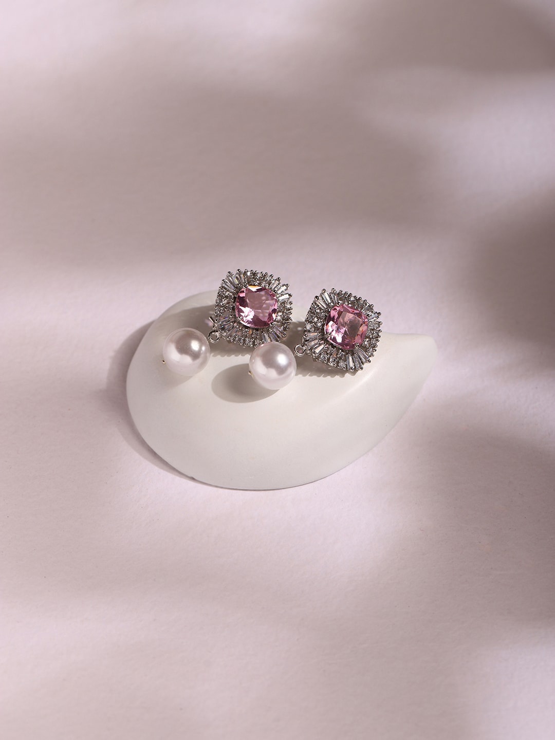 

RITU SINGH Pink Silver Plated Contemporary Drop Earrings