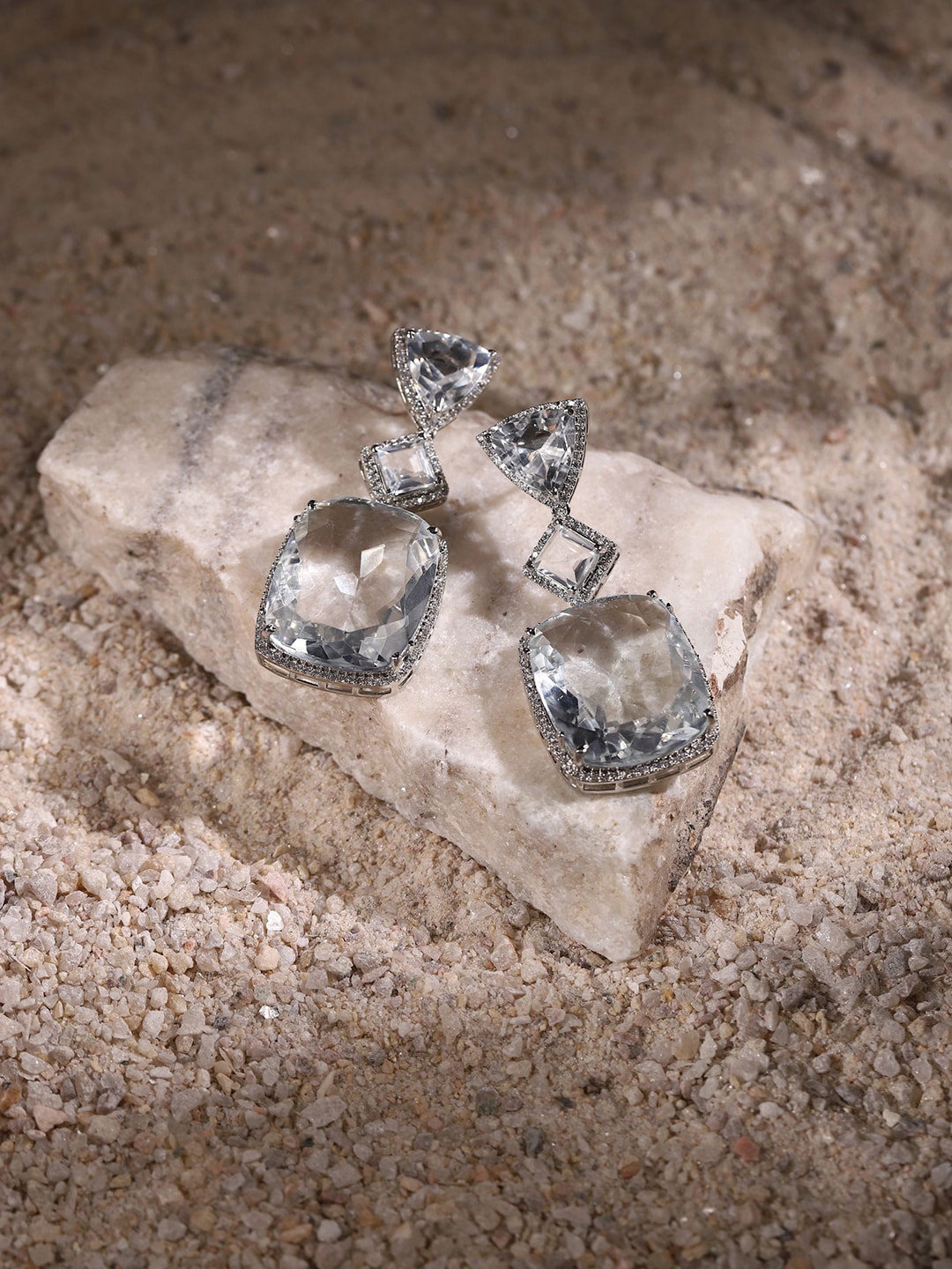 

RITU SINGH Women Silver Toned Crystal Studded Duet Stone Drop Earrings