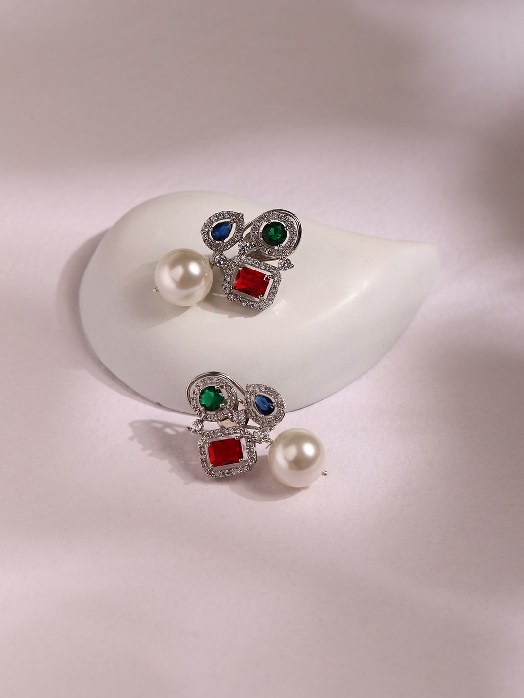 

RITU SINGH Silver-Plated & Green Contemporary Studs Earrings