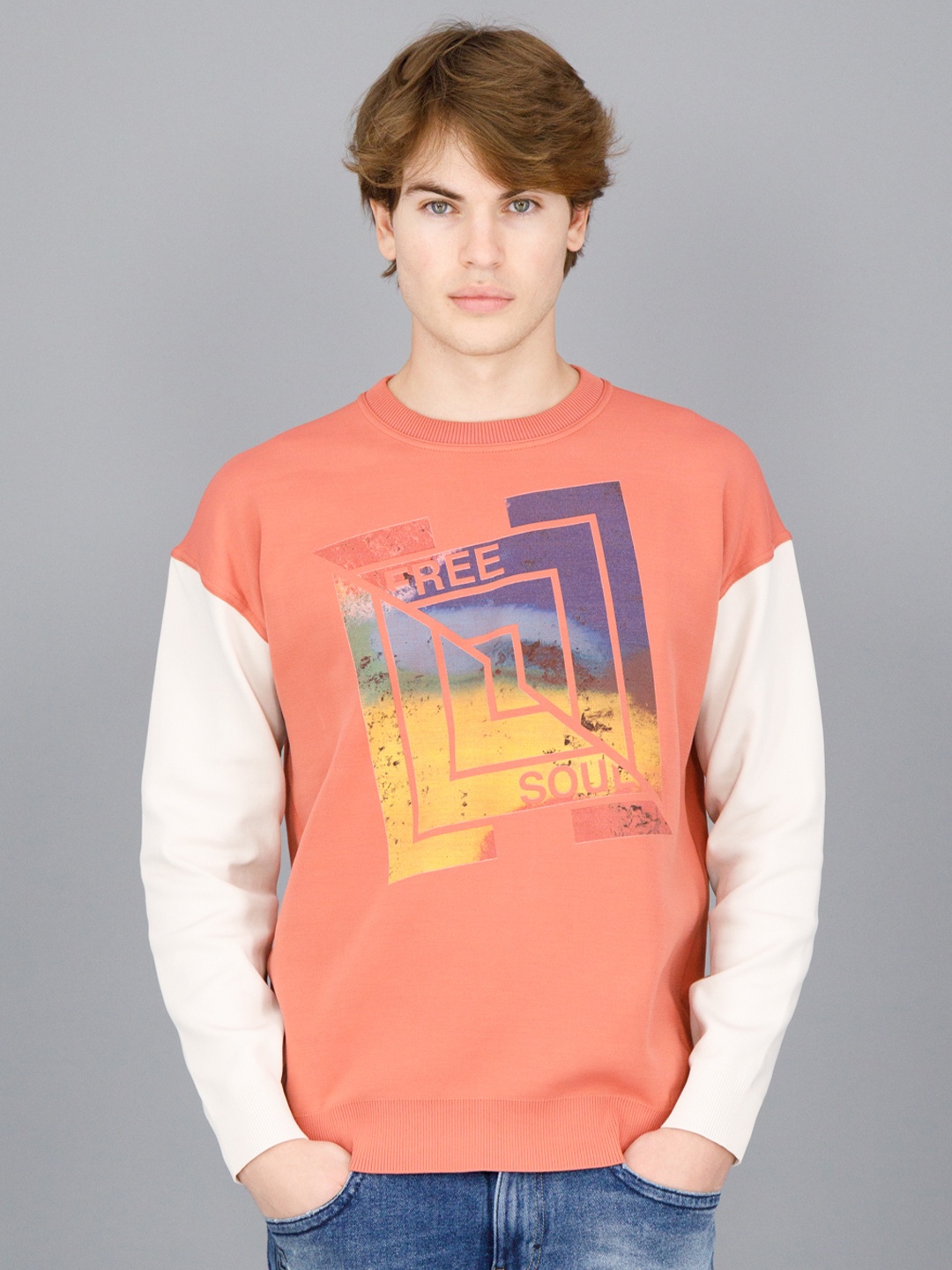 

FREESOUL Men Pink & Yellow Printed Sweatshirt