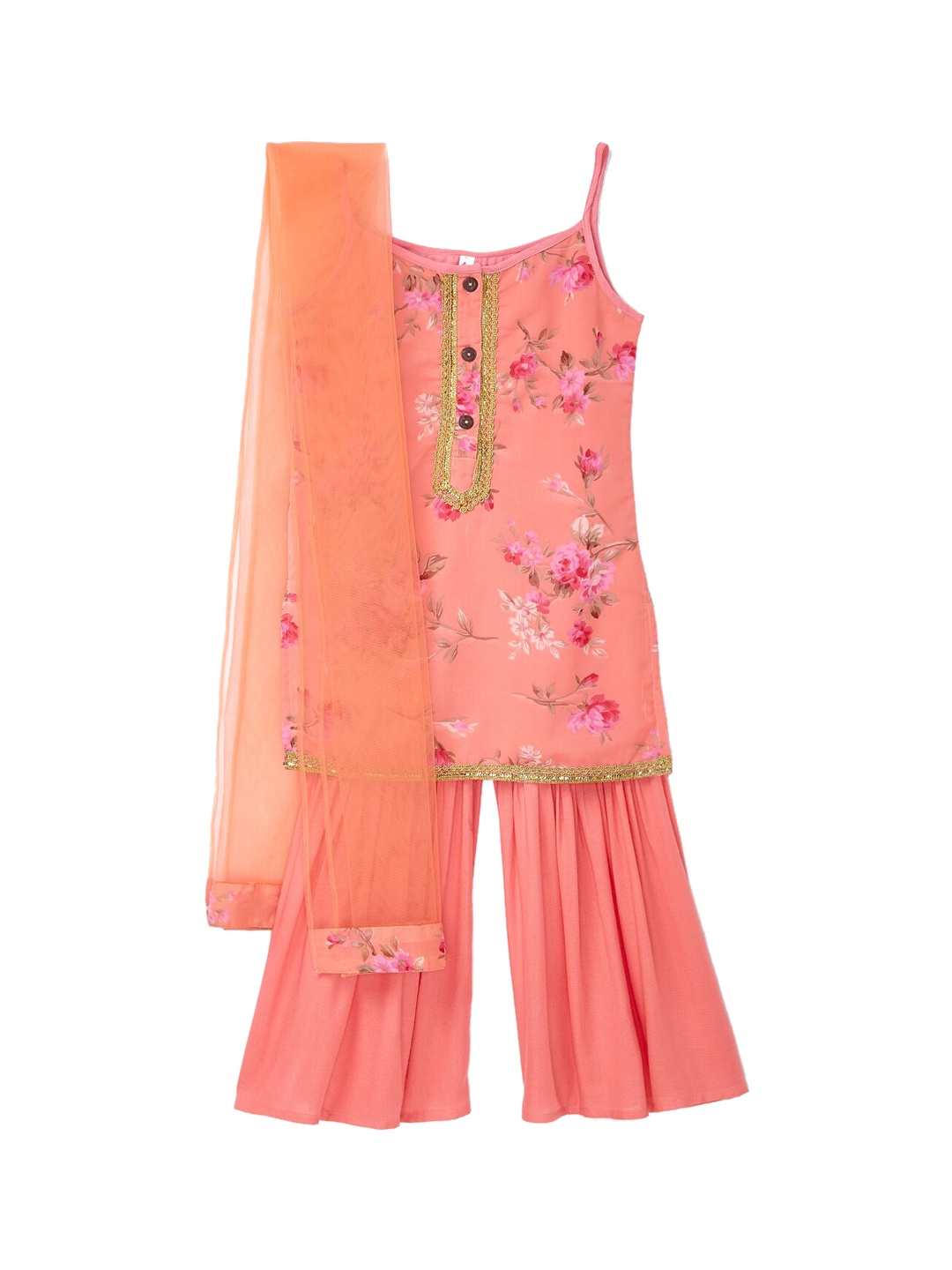 

HERE&NOW Girls Floral Printed Kurta with Sharara & With Dupatta, Peach