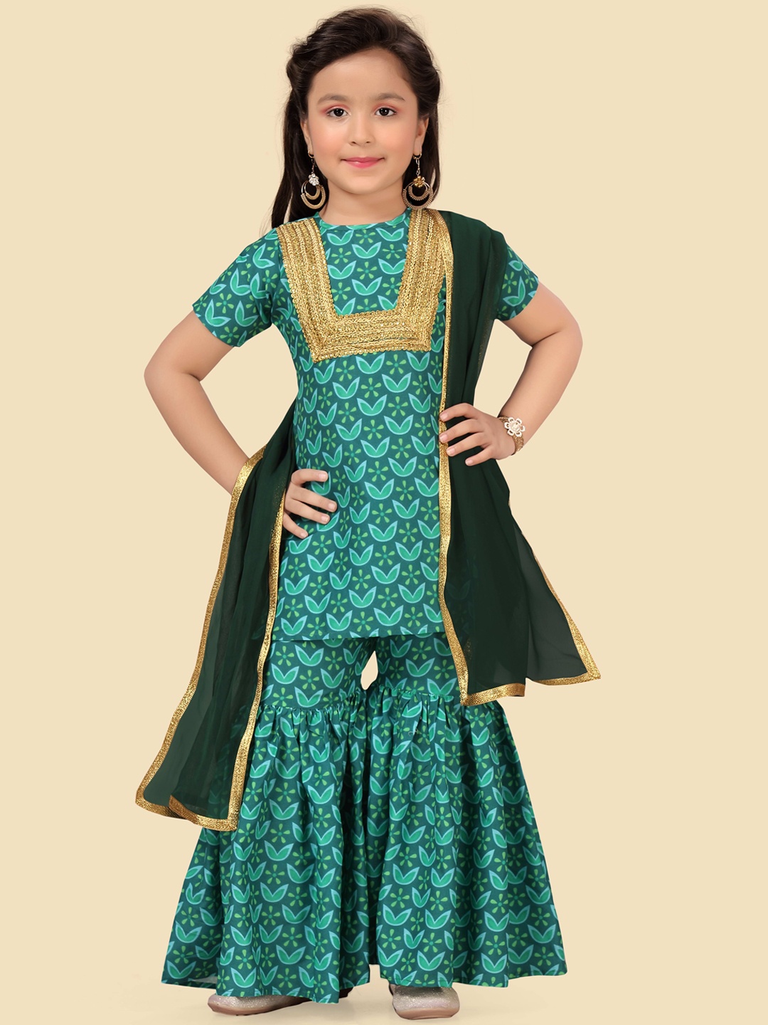 

HERE&NOW Girls Ethnic Motifs Printed Kurta with Sharara & With Dupatta, Green