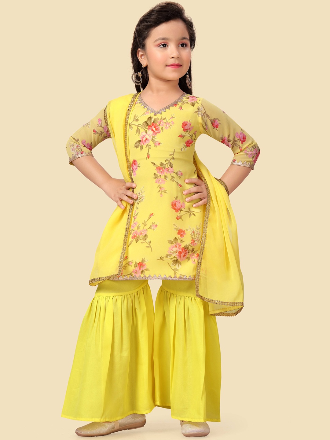 

HERE&NOW Girls Floral Printed Gotta Patti Kurta with Sharara & With Dupatta, Yellow