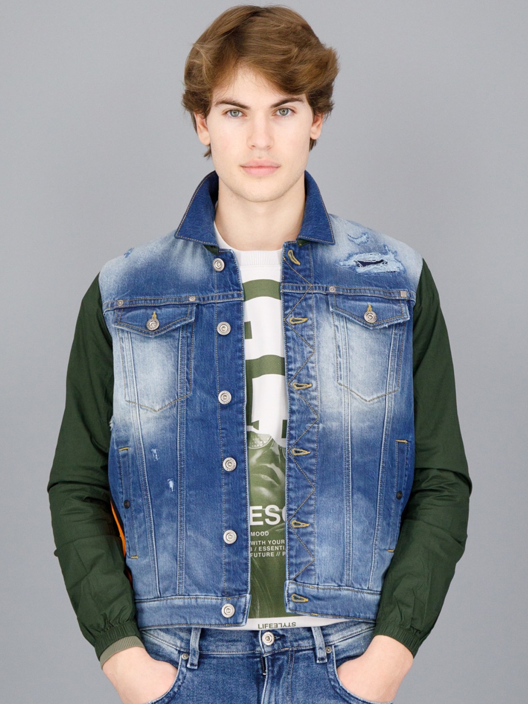 

FREESOUL Men Blue Washed Cotton Denim Jacket