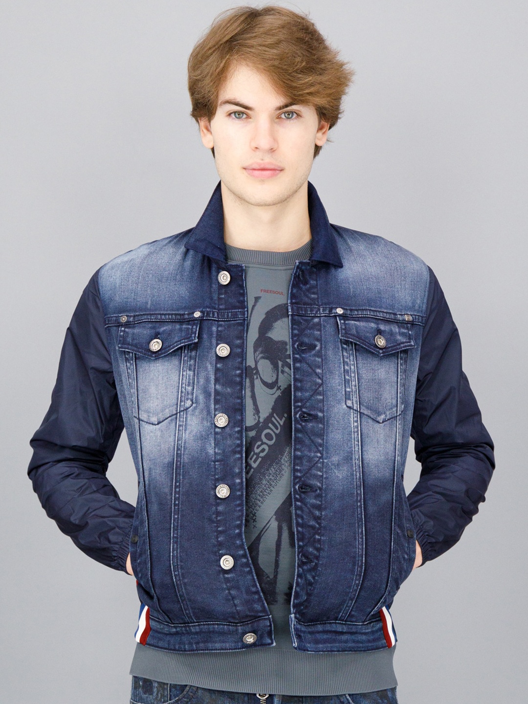 

FREESOUL Men Blue Washed Denim Cotton Jacket