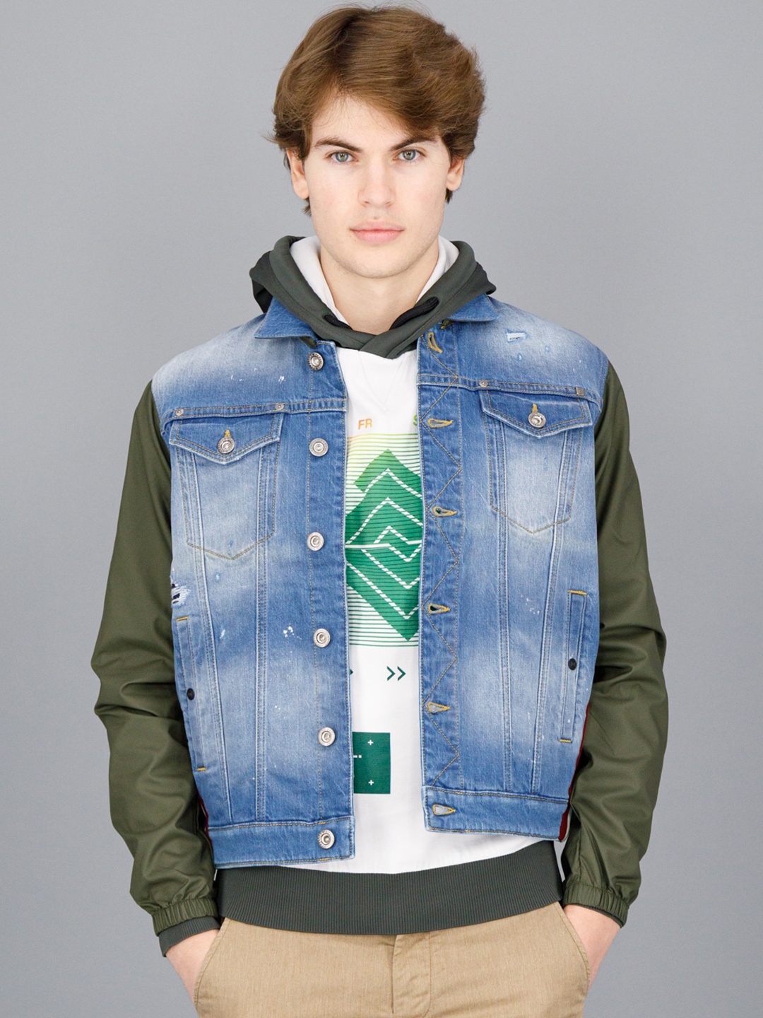 

FREESOUL Men Blue Washed with Patchwork Denim Jacket