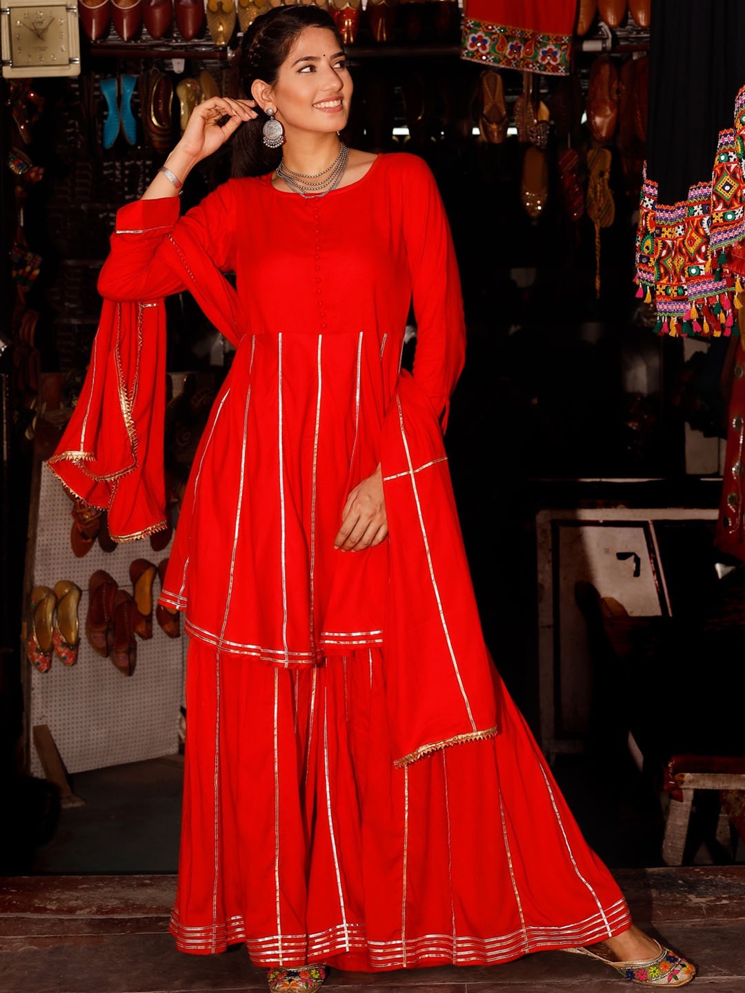 

Thread & Button Women Red Striped Gotta Patti Pure Cotton Kurta with Sharara & With Dupatta