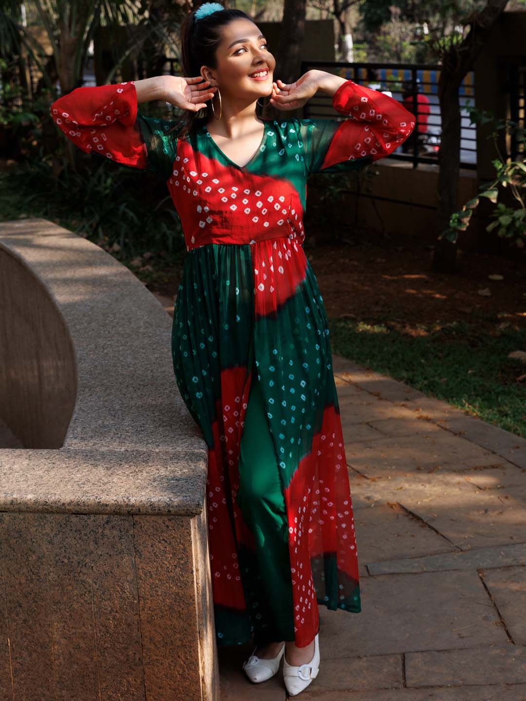 

Thread & Button Women Bandhani Printed Silk Chiffon Kurta with Trousers, Red